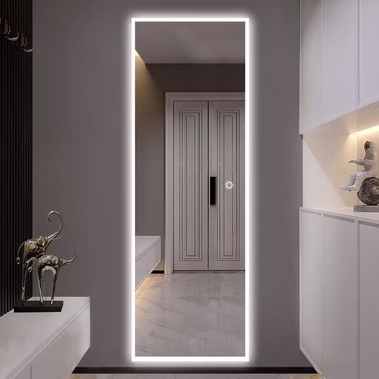 Ortonbath Floor Standing Wall Frameless Full Length Floor Dressing Mirror LED Lights Touch Sensor Switch Backlit Bathroom Mirror LED Smart Bath Makeup Mirror